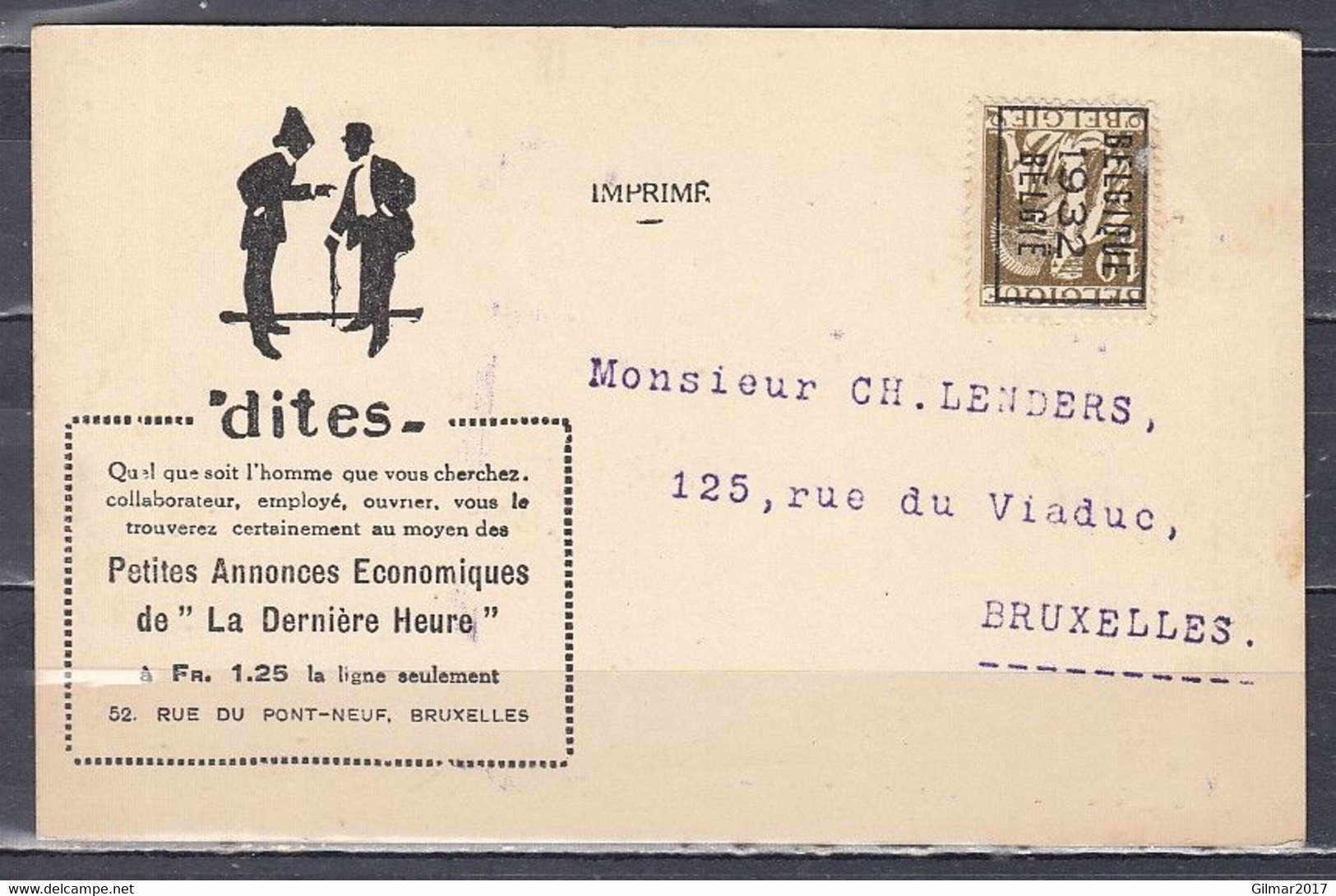 Kaart Met Typografische Afstempeling Belgique 1932 Belgie Naar Bruxelles - Typo Precancels 1932-36 (Ceres And Mercurius)