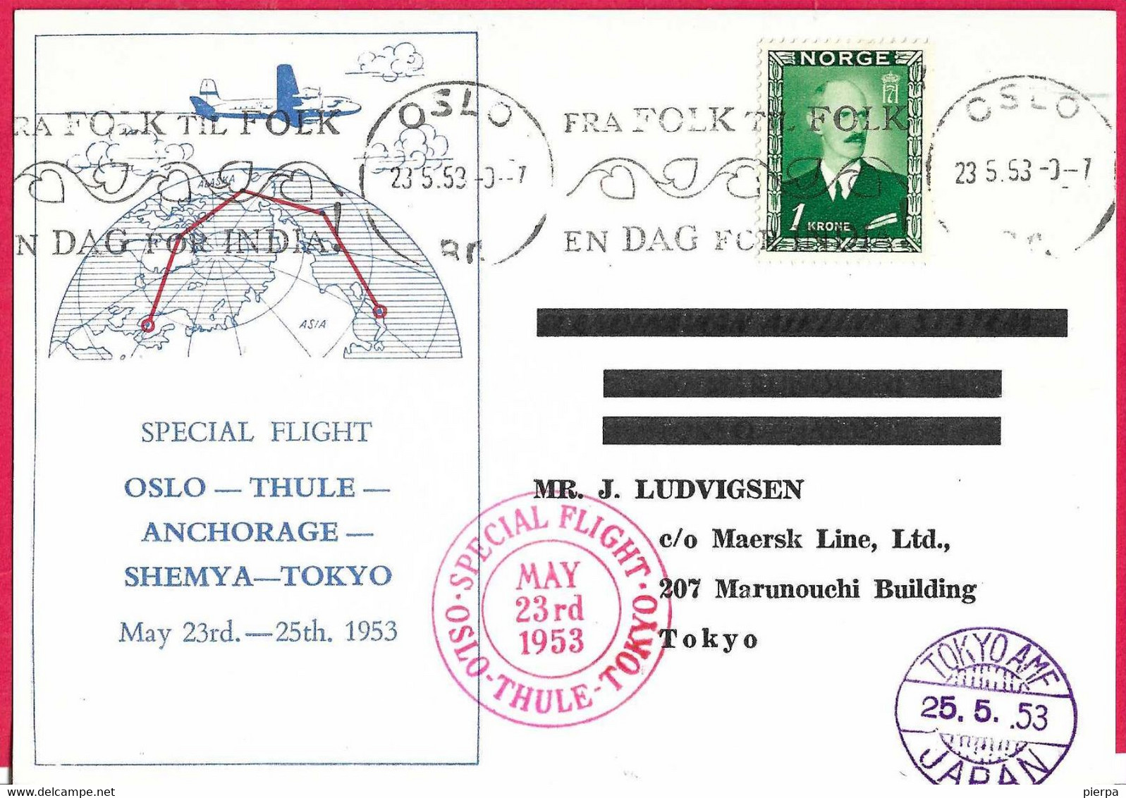 SPECIAL FLIGHT AROUND THE WORLD- OSLO/ THULE/TOKYO * 23.5.53* SU CARTOLINA UFFICIALE - Brieven En Documenten