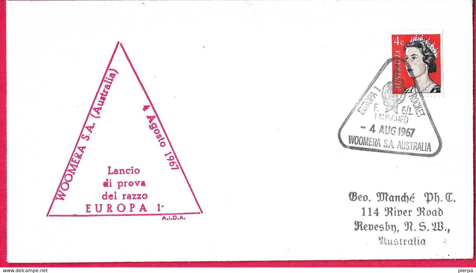 AUSTRALIA - LANCIO DI PROVA EUROPA I° - *4.8.1967* SU BUSTA - Premiers Vols