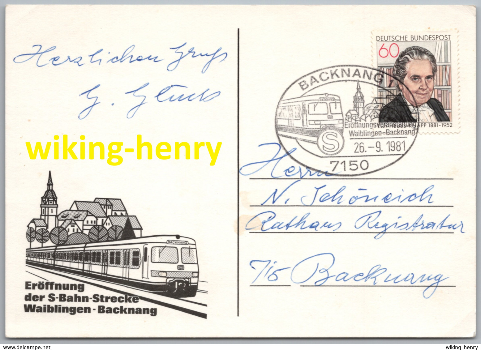 Backnang - Sonderkarte 3   Eröffnung Der S-Bahn Strecke Waiblingen Backnang 1981   Mit Post Sonderstempel - Backnang