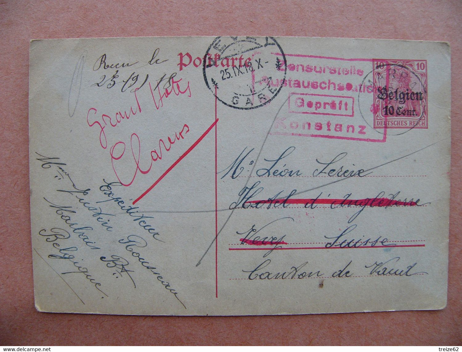 1918 Belgique Postkarte De Marbais Adressée à Clarens Suisse Cachet Vevey Gare + Censure Konstanz - Duitse Bezetting