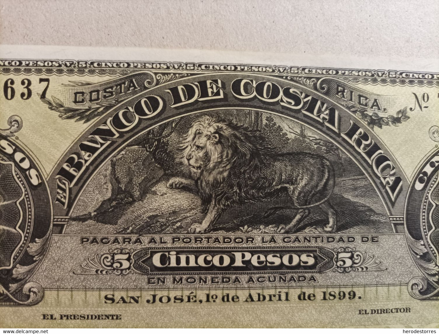 Billete De Costa Rica De 5 Pesos, Año 1899, Nº Capicua 73637, Uncirculated - Costa Rica