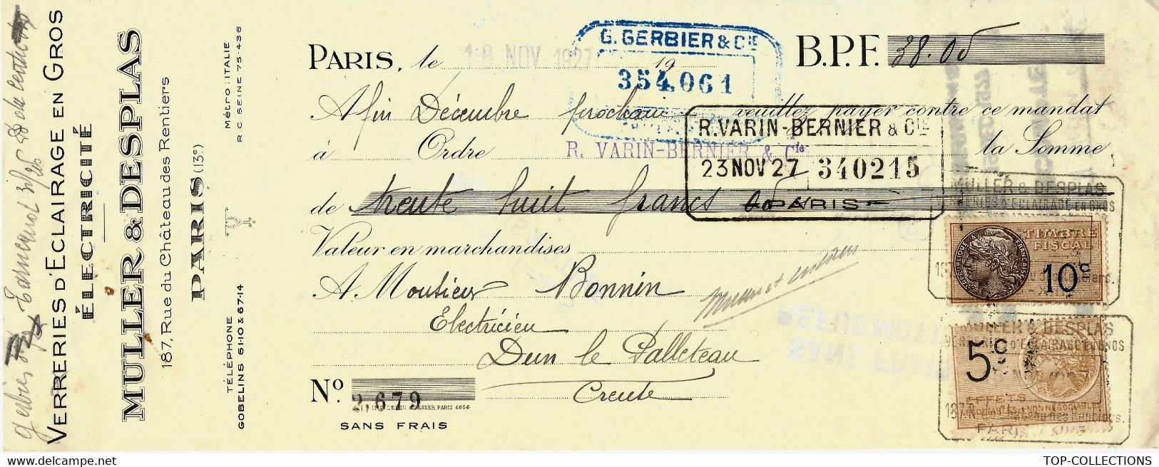 1927 VERRERIE VERRERIES ECLAIRAGE ELECTRICITE MULLER DESPLAS Paris => Dun Le Palleteau =>Dun Le Palestel Creuse Ponnin - Bills Of Exchange