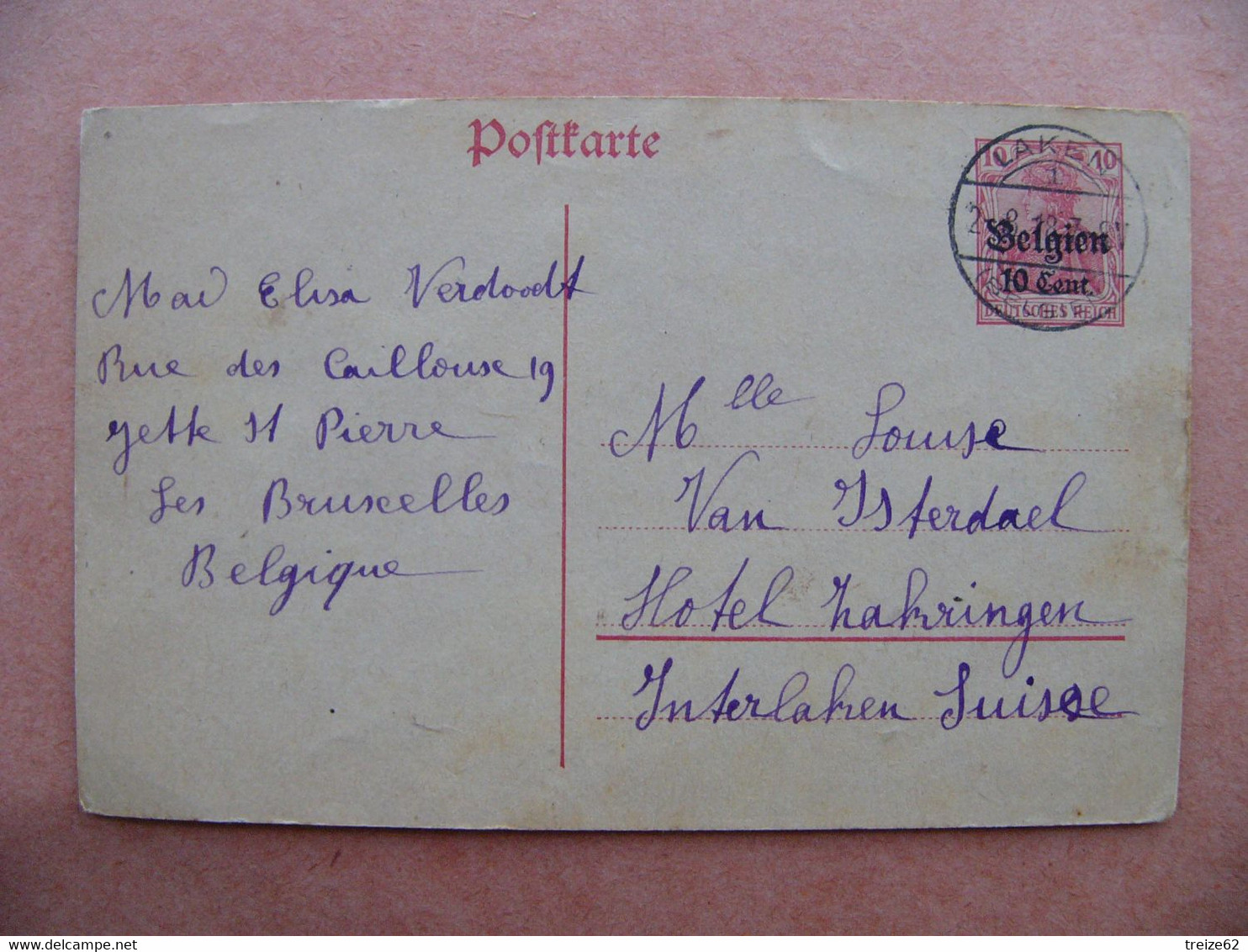 1918 Belgique Postkarte De Laken Laeken Adressée à Interlaken Suisse - German Occupation