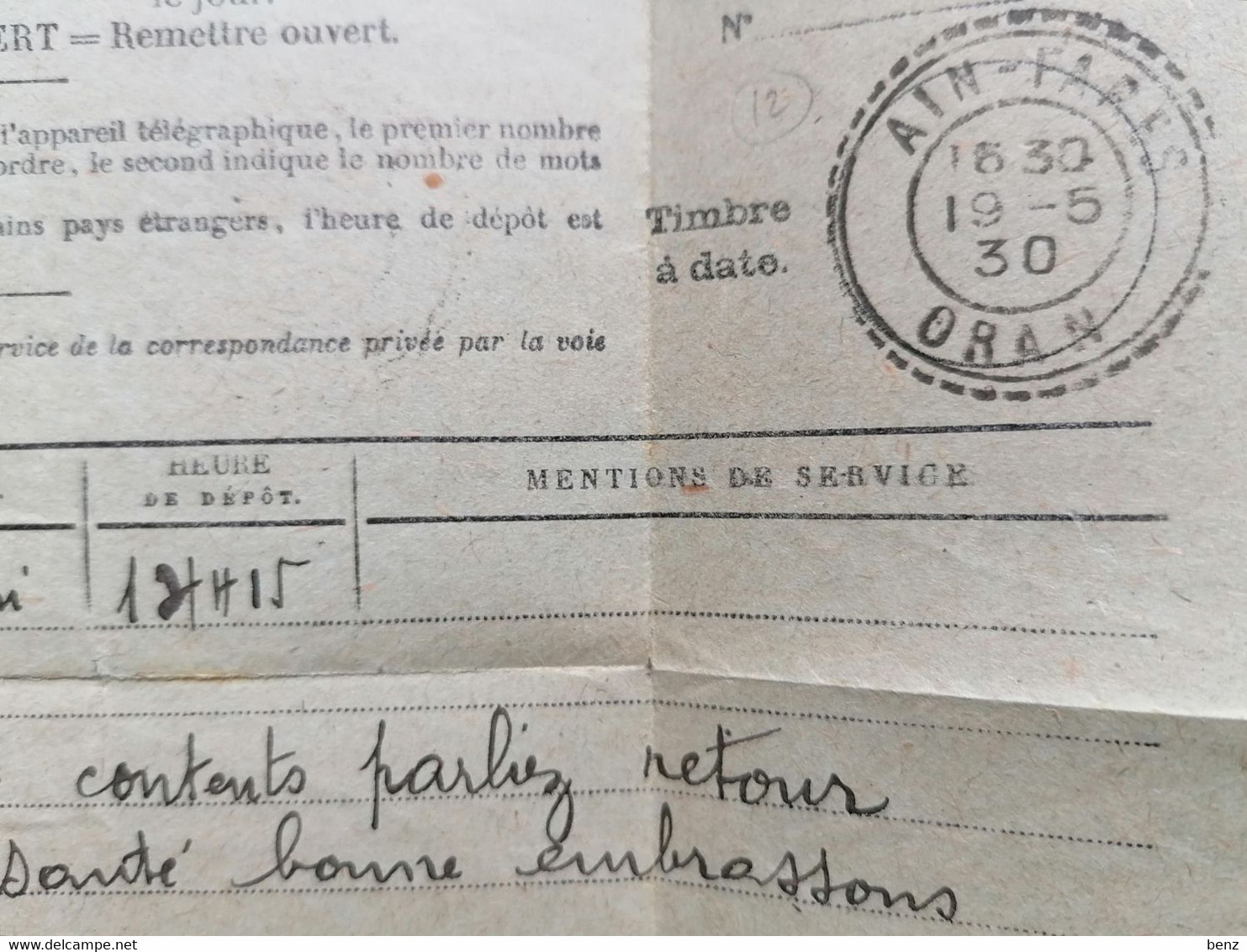 ALGERIE TELEGRAMME AIN-FARES ORAN 1930 DOCUMENT RARE TB - Lettres & Documents