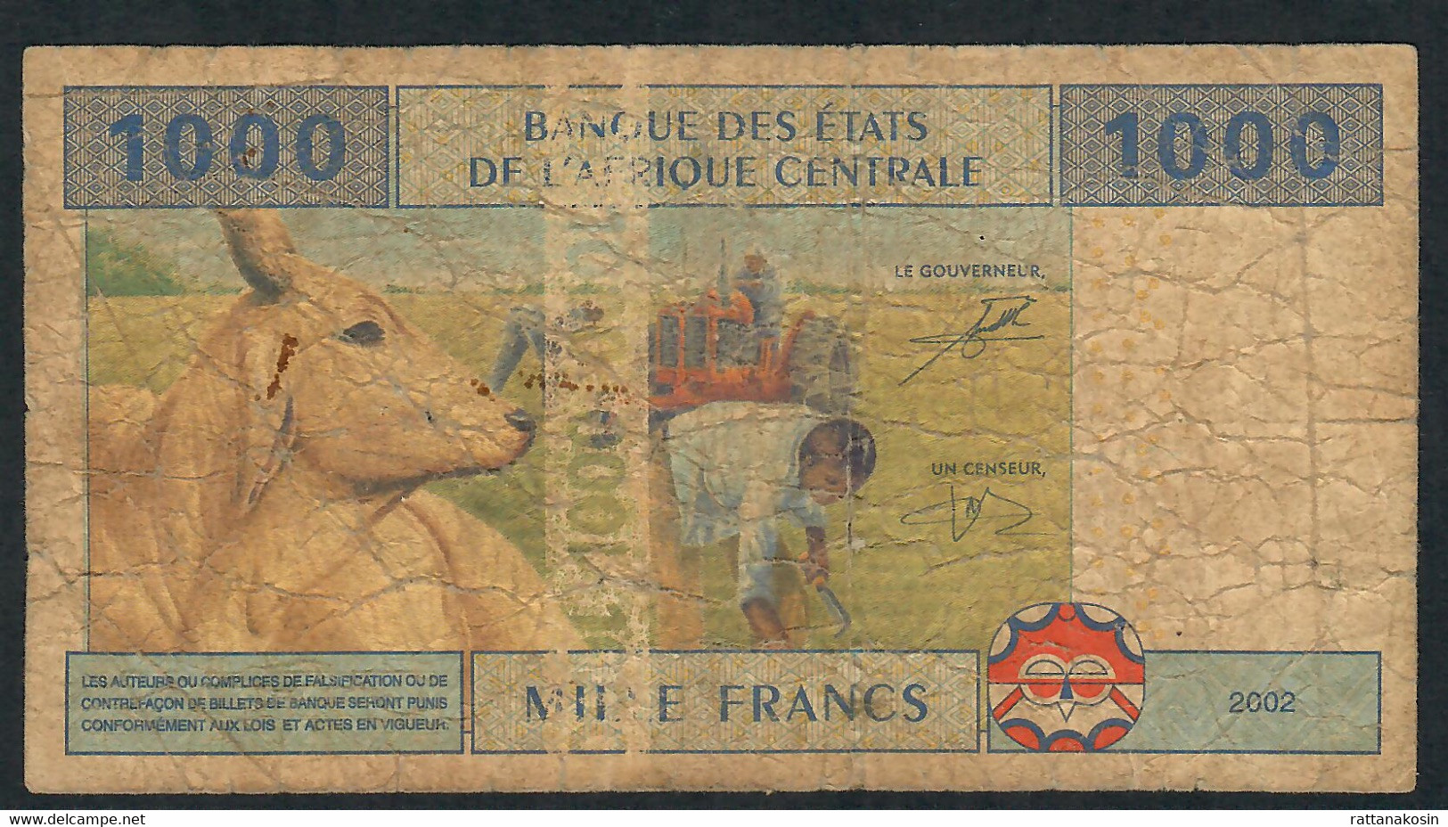 C.A.S. GABON P407Ab 1000 FRANCS 2002 RARE SIGNATUR 9    VG - États D'Afrique Centrale