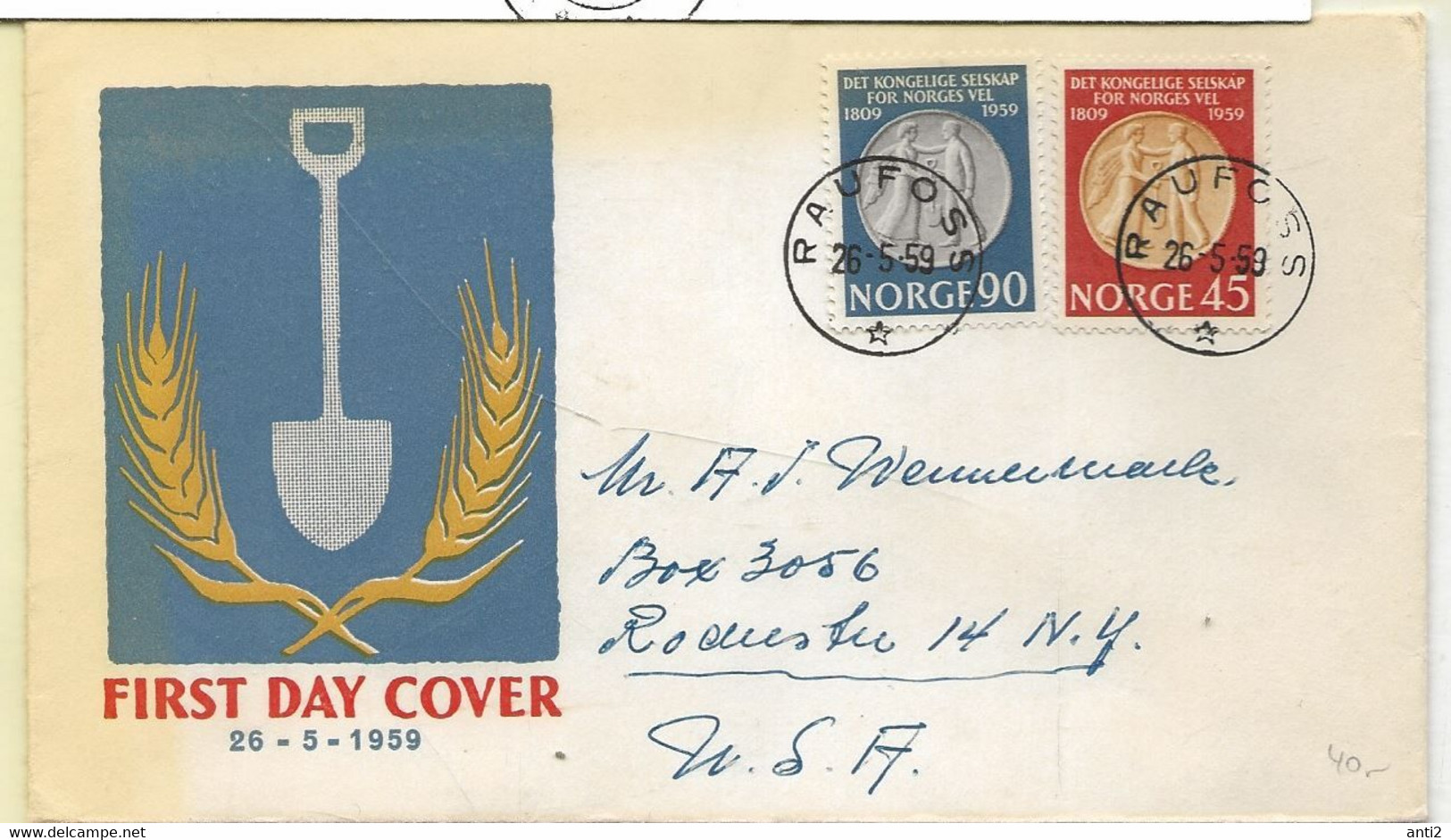 Norway Norge 1959 150th Anniversary Of The Royal Norwegian Agriculture Association, Mi 434-435 FDC Cancelled Raufoss - Brieven En Documenten