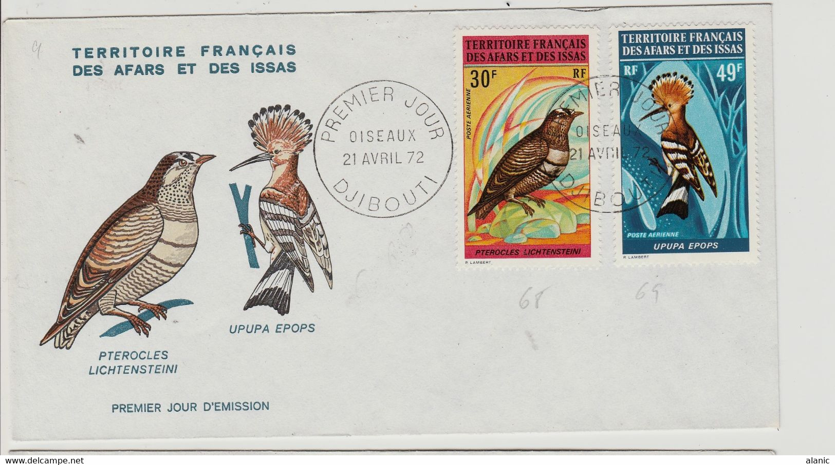 AFARS & ISSAS,OISEAUX -  / 1972 - PA 68 A 70 SUR 2 ENVELOPPES FDC - - Covers & Documents