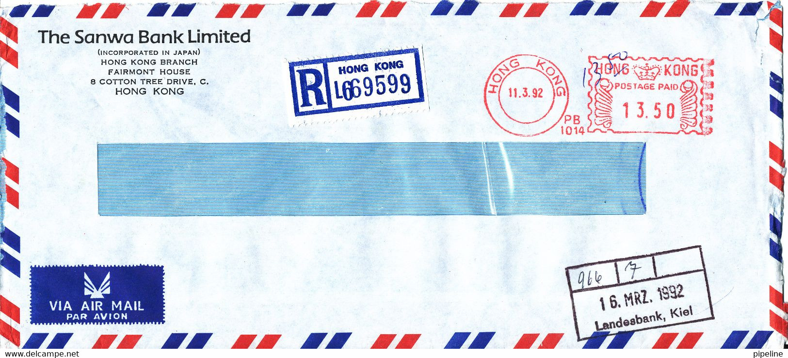 Hong Kong Registered Air Mail Bank Cover With Meter Cancel Sent To Germany 11-3-1992 - Briefe U. Dokumente