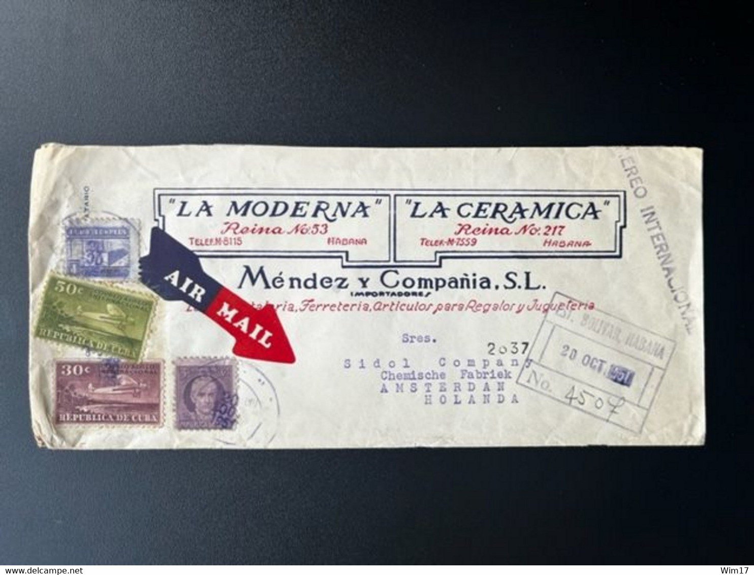 CUBA 1951 REGISTERED LETTER HAVANA TO AMSTERDAM 20-10-1951 - Storia Postale