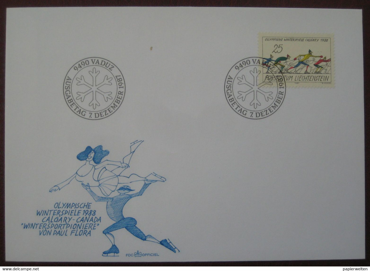 Liechtenstein FDC 1987 - Paul Flora Olympische Winterspiele 1988 Calgary Canada WinterSportpioniere Langlaufen - Brieven En Documenten