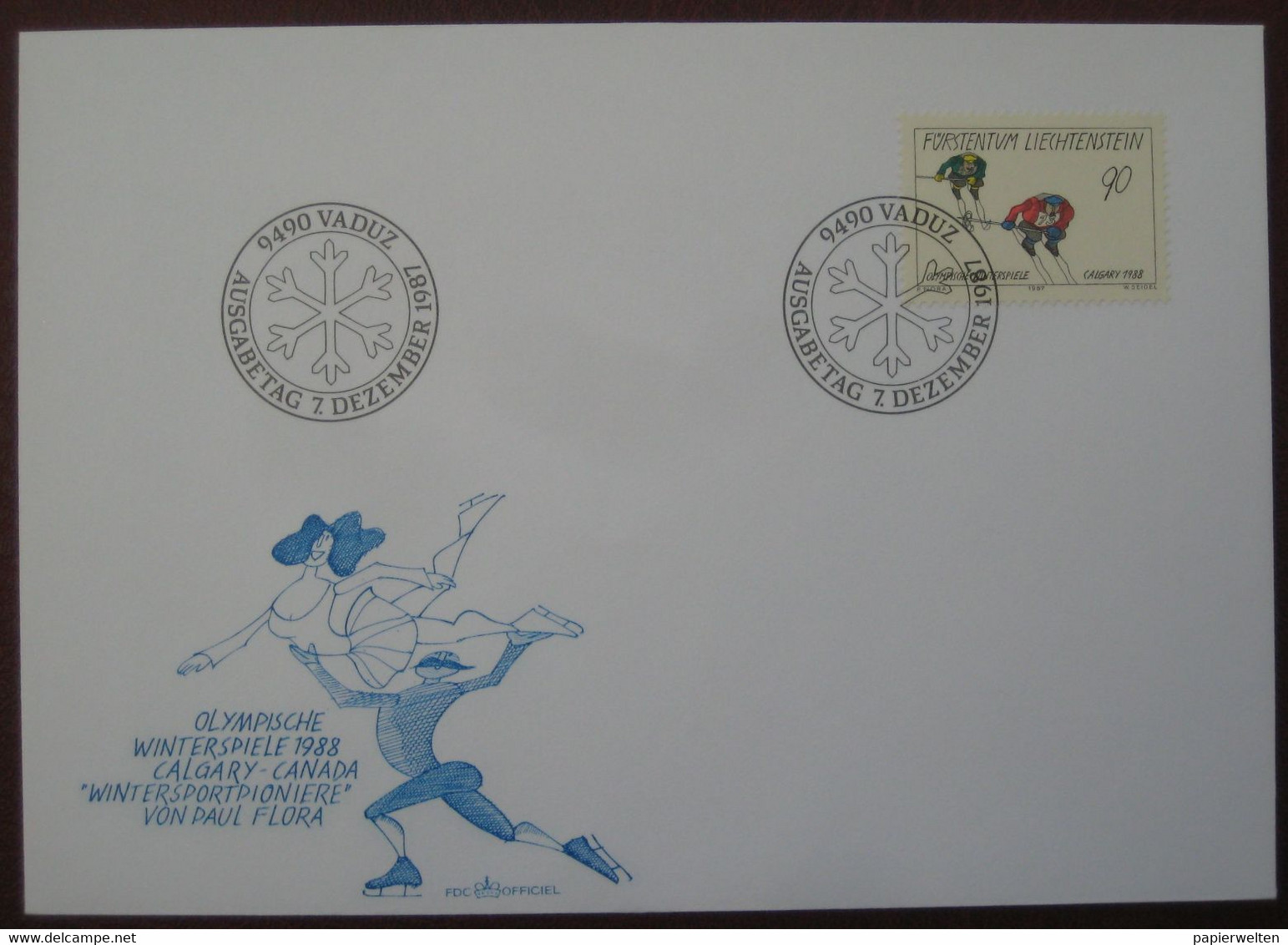 Liechtenstein FDC 1987 - Paul Flora Olympische Winterspiele 1988 Calgary Canada WinterSportpioniere Abfahrt / Skifahren - Brieven En Documenten