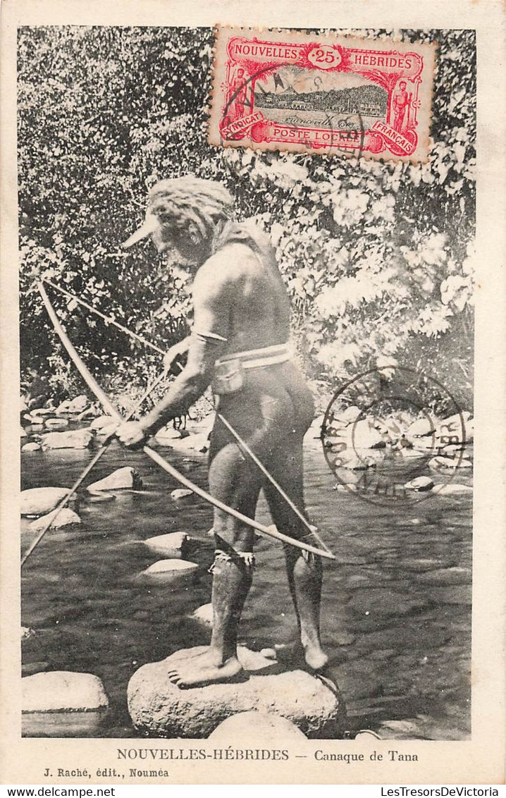 Nouvelles Hebrides Timbre Poste Locale 1903 Rouge - Sur CPA Canaque De Tana - Edition Raché - Vanuatu - Other & Unclassified