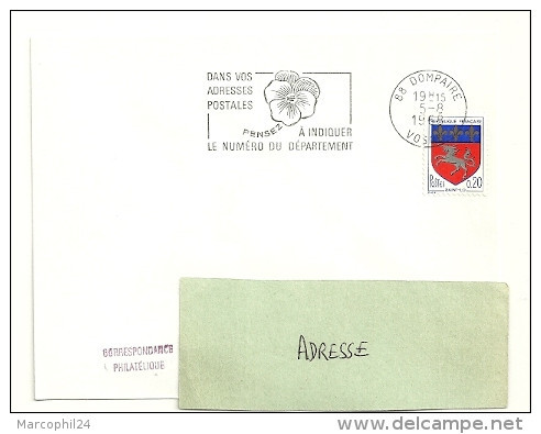 VOSGES - Dépt N° 88 = DOMPAIRE 1968 = FLAMME Codée SUPERBE =  SECAP Multiple ' PENSEZ à INDIQUER ' = Pensée N° 2 - Codice Postale