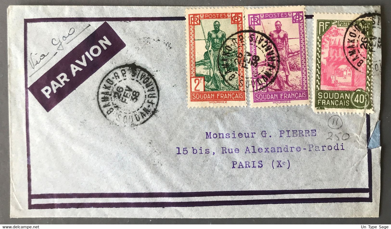 Soudan Français, Divers Sur Enveloppe 26.2.1938, Verso Ouverture Ligne ALGER - GAO - BAMAKO - (N046) - Covers & Documents