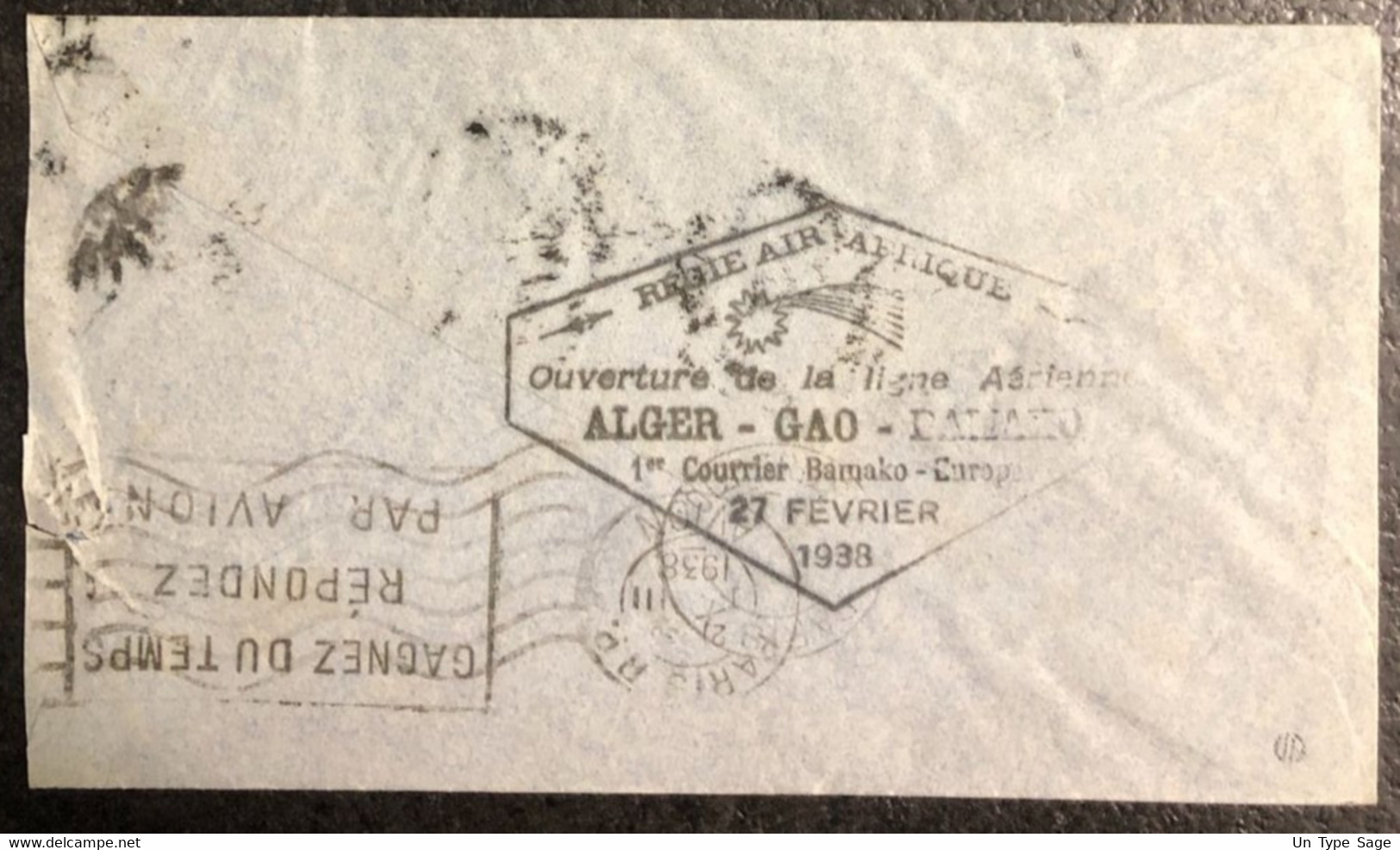 Soudan Français, Divers Sur Enveloppe 26.2.1938, Verso Ouverture Ligne ALGER - GAO - BAMAKO - (N046) - Storia Postale