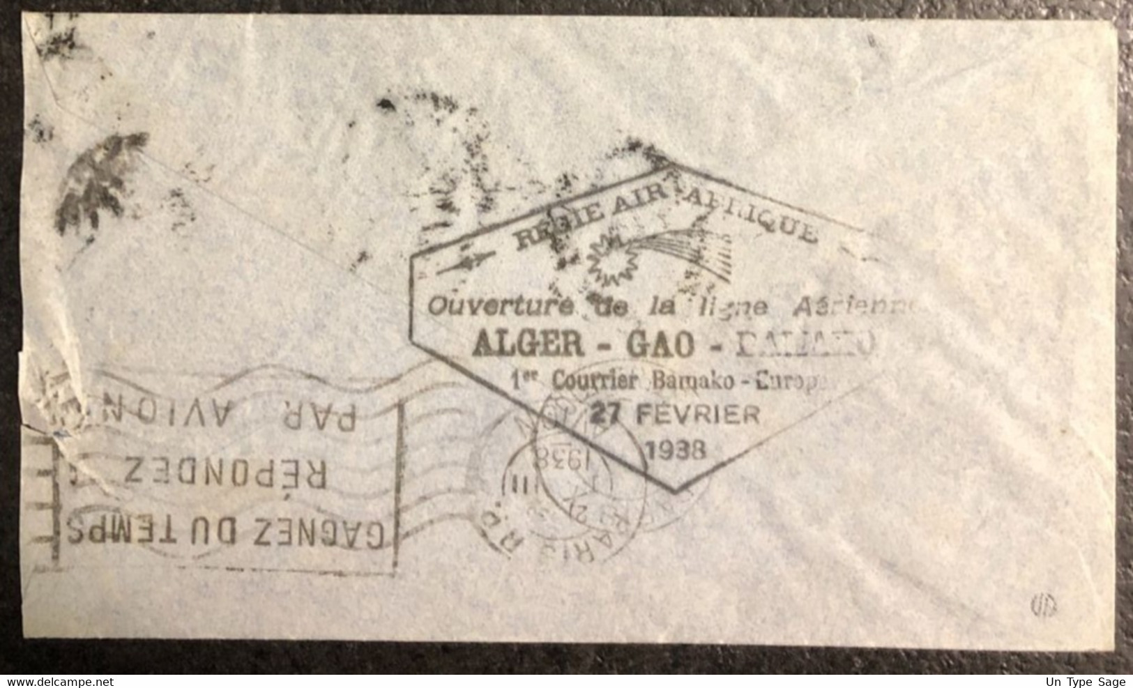 Soudan Français, Divers Sur Enveloppe 26.2.1938, Verso Ouverture Ligne ALGER - GAO - BAMAKO - (N046) - Lettres & Documents