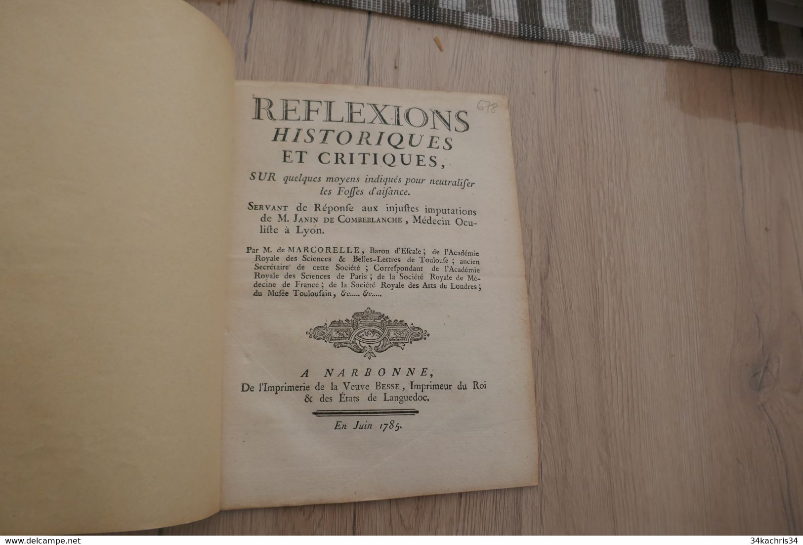 Narbonne  Réflexions Historiques Et Critiques Moyens Pour Neutraliser Les Fosses D'aisance 1785 DE Marcorelle 16 P - Languedoc-Roussillon