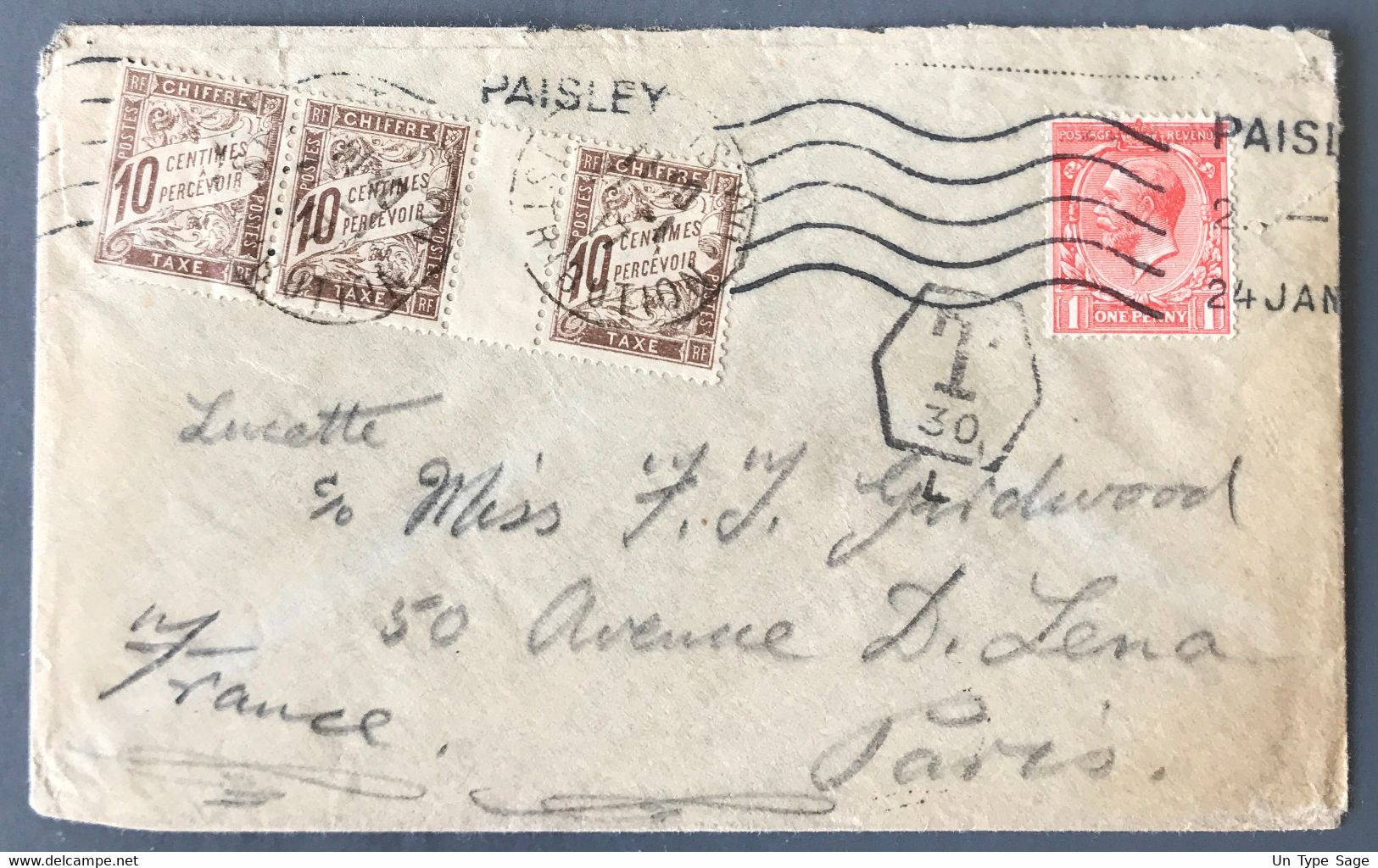 France Enveloppe Taxée D'Angleterre Pour Paris 24.1.1917 - (N049) - 1859-1959 Covers & Documents