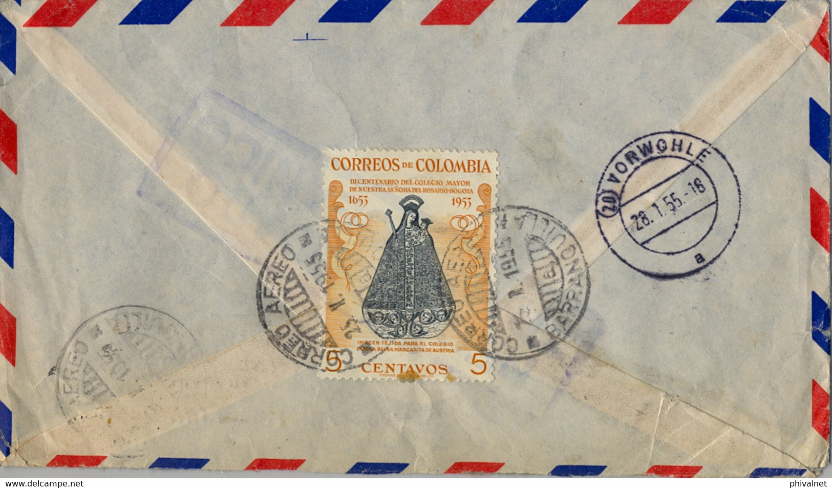 1955  COLOMBIA , SOBRE CERTIFICADO  , BARRANQUILLA - LENNE , "  6 PAR AVION / CORREO AÉREO / TRANSOCEÁNICO " - Colombia