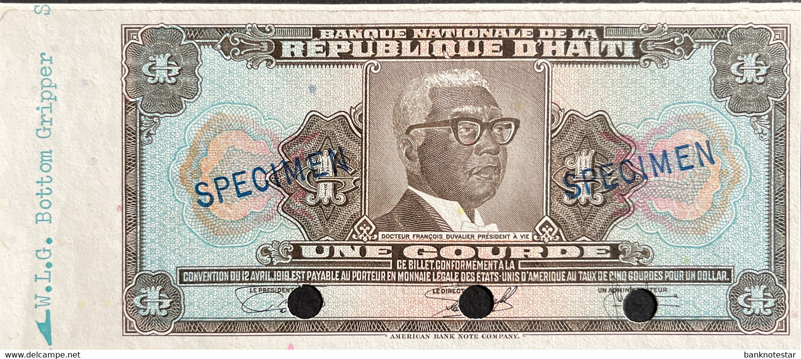 Haiti 1 Gourde, P-200s (L.1919) - ABNC Specimen/printing Proof - UNC - Haïti