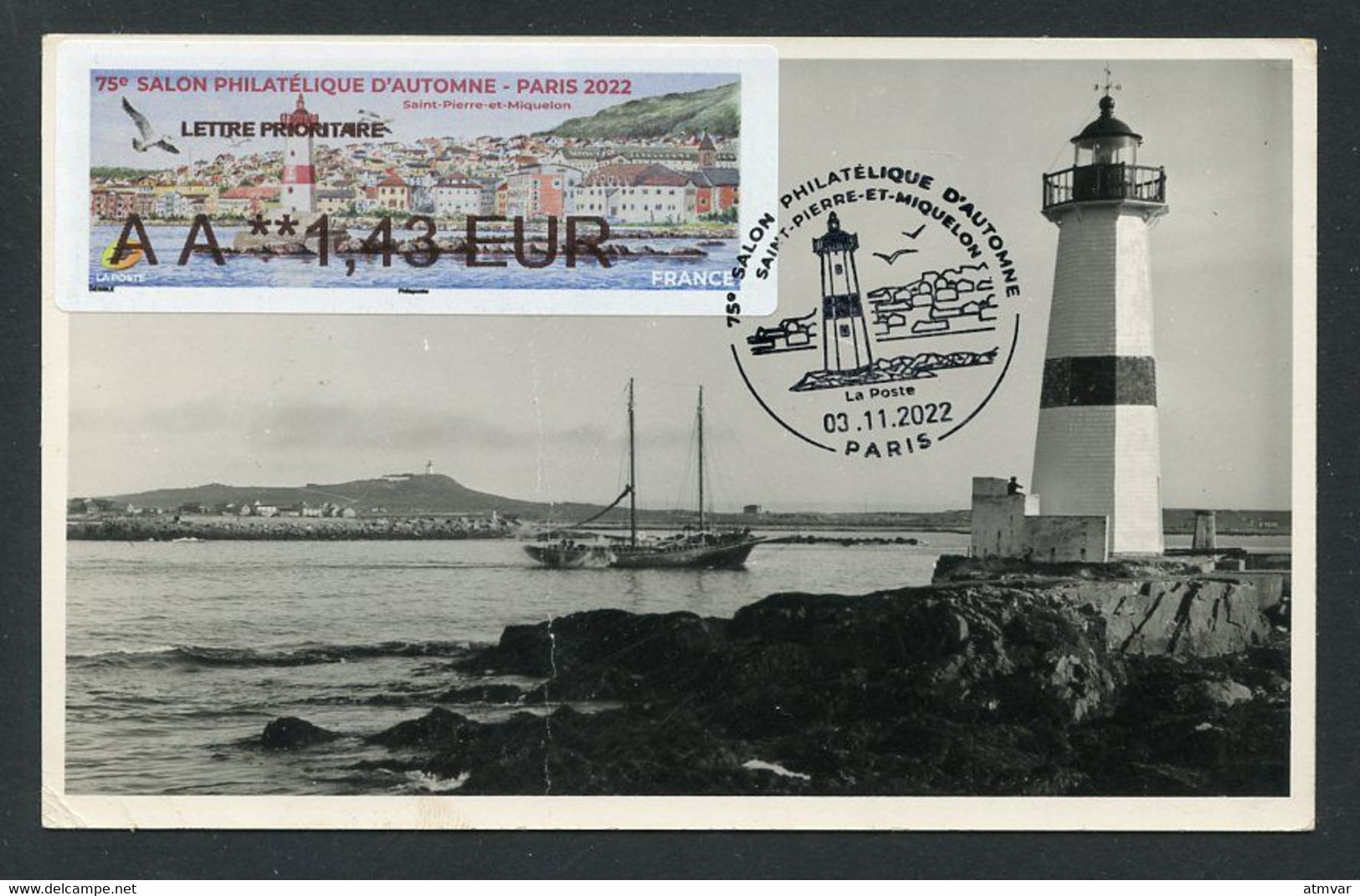 FRANCE (2022) Carte Maximum Card ATM LISA - 75e Salon Philatélique Automne, Saint-Pierre-et-Miquelon, Phare, Lighthouse - 2020-…