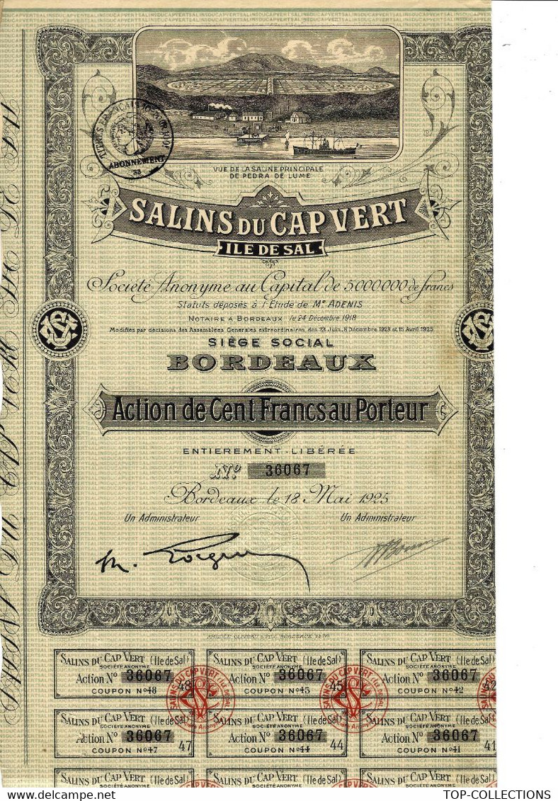 1925 SALIN ACTION SALINS DU CAP VERT Saline De Pedra De Lume Ile De Sal Siège Bordeaux V.SCANS - Agricultura