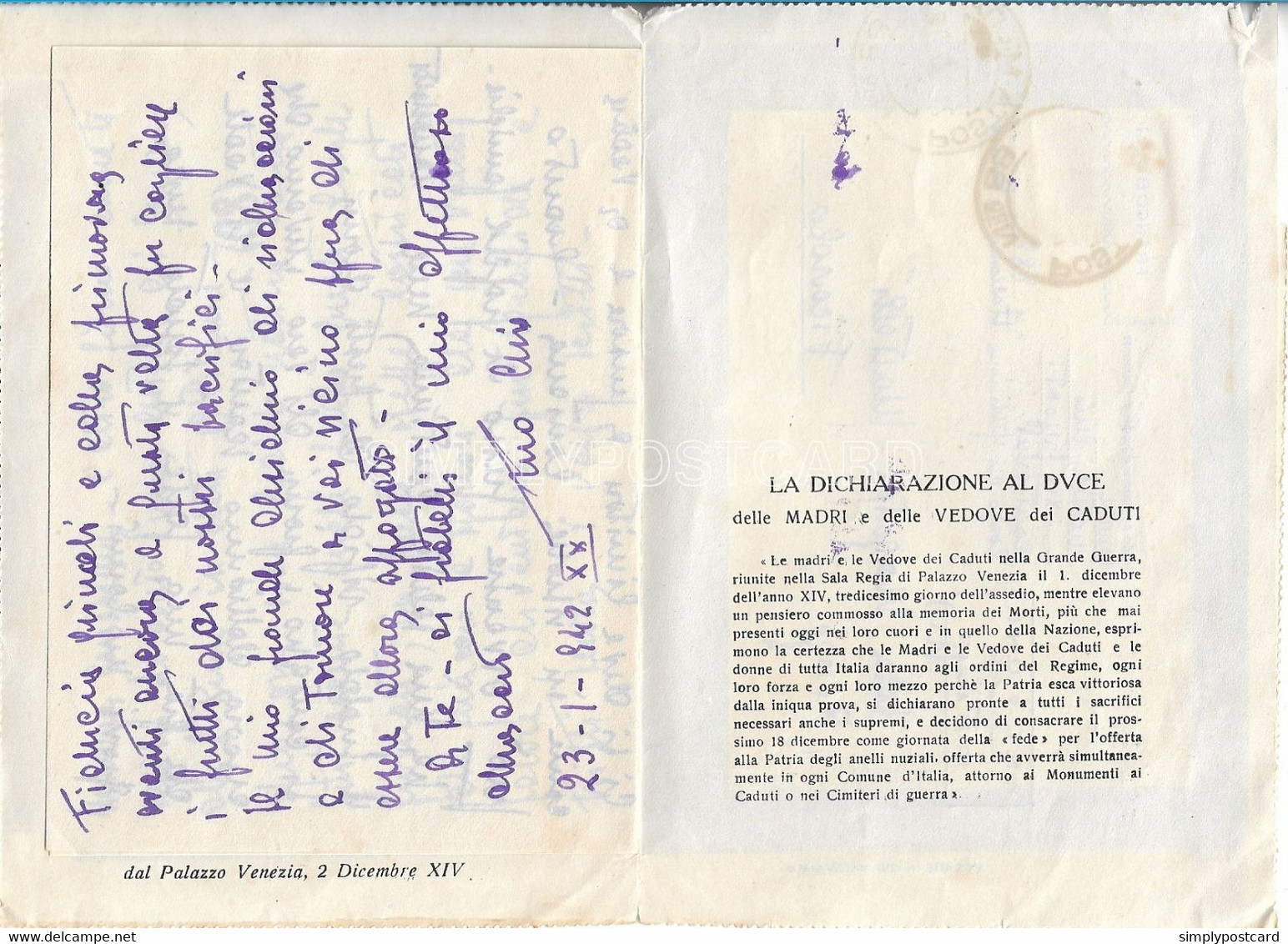 WW2 BIGLIETTO POSTALE P.N.F. O.N.D. DOPOLAVORO DELLE FORZE ARMATE CORPO SPEDIZIONE ITALIANO IN RUSSIA - VG. 23.01.1942 - - War 1939-45