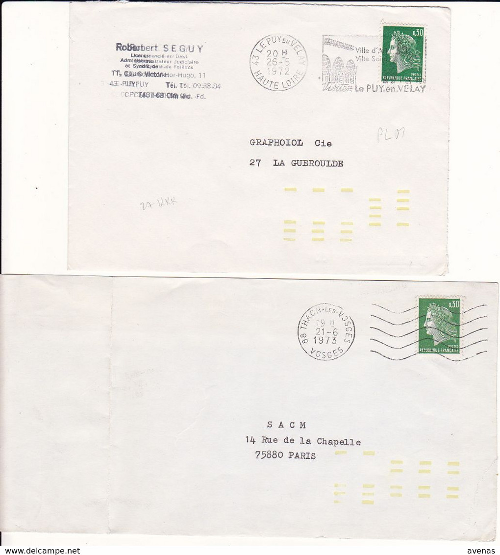 Lot De 2 Lettres 1972-1973 Avec Marques D'indexation De Tri Jaune 43 LE PUY EN VELAY + 88 THAON LES VOSGES Sur Cheffer - Briefe U. Dokumente
