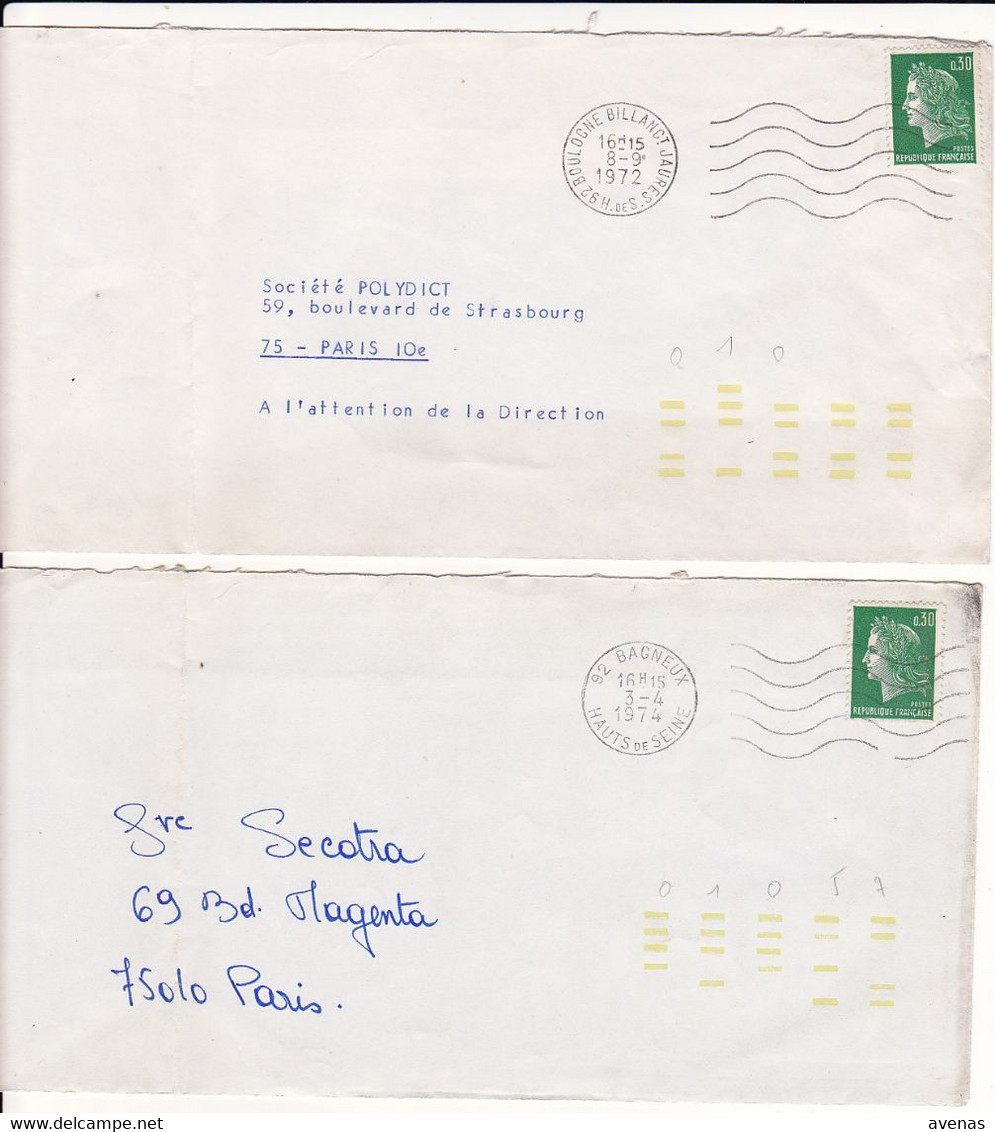 Lot De 4 Lettres 1972-1974 Avec Marques D'indexation De Tri Jaune 92 BOULOGNE BAGNEUX CLAMART SURESNES Sur Cheffer - Storia Postale