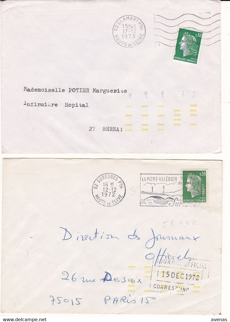 Lot De 4 Lettres 1972-1974 Avec Marques D'indexation De Tri Jaune 92 BOULOGNE BAGNEUX CLAMART SURESNES Sur Cheffer - Covers & Documents