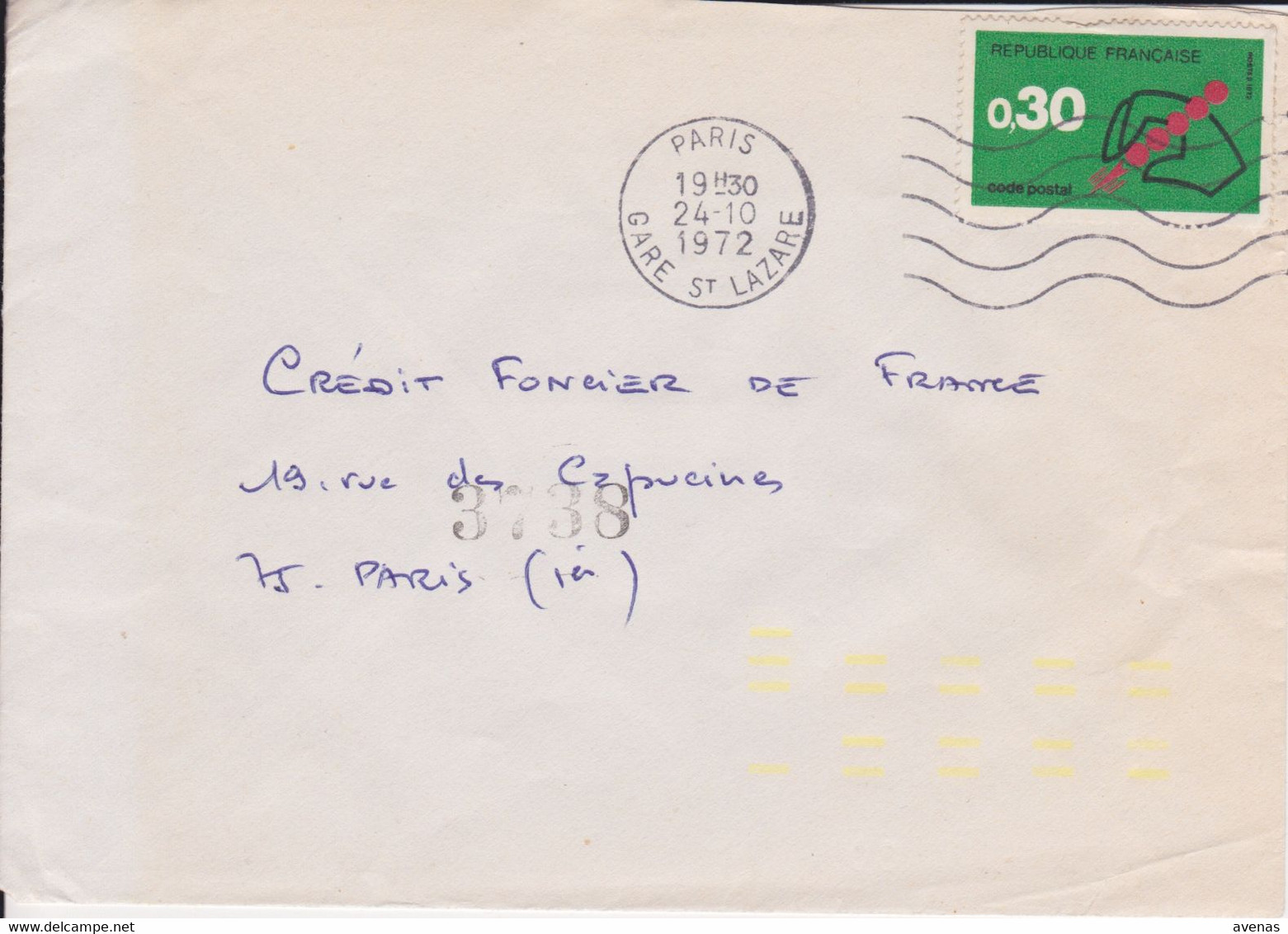 Lettre 1972 Avec Marques D'indexation De Tri Jaune  + Marque "08" à Sec PARIS GARE ST LAZARE Sur CODE POSTAL 0,30 PNU - Brieven En Documenten