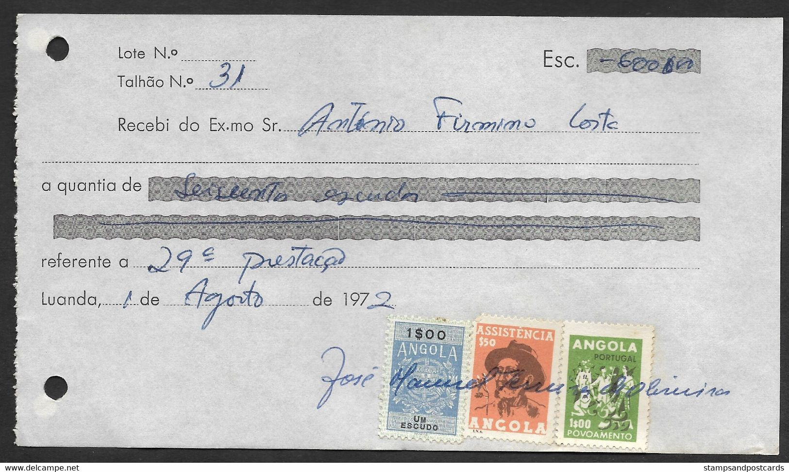 Angola Portugal Reçu 1972 Timbre Fiscal + Assistência + Povoamento Receipt W/ Revenue Stamp - Cartas & Documentos