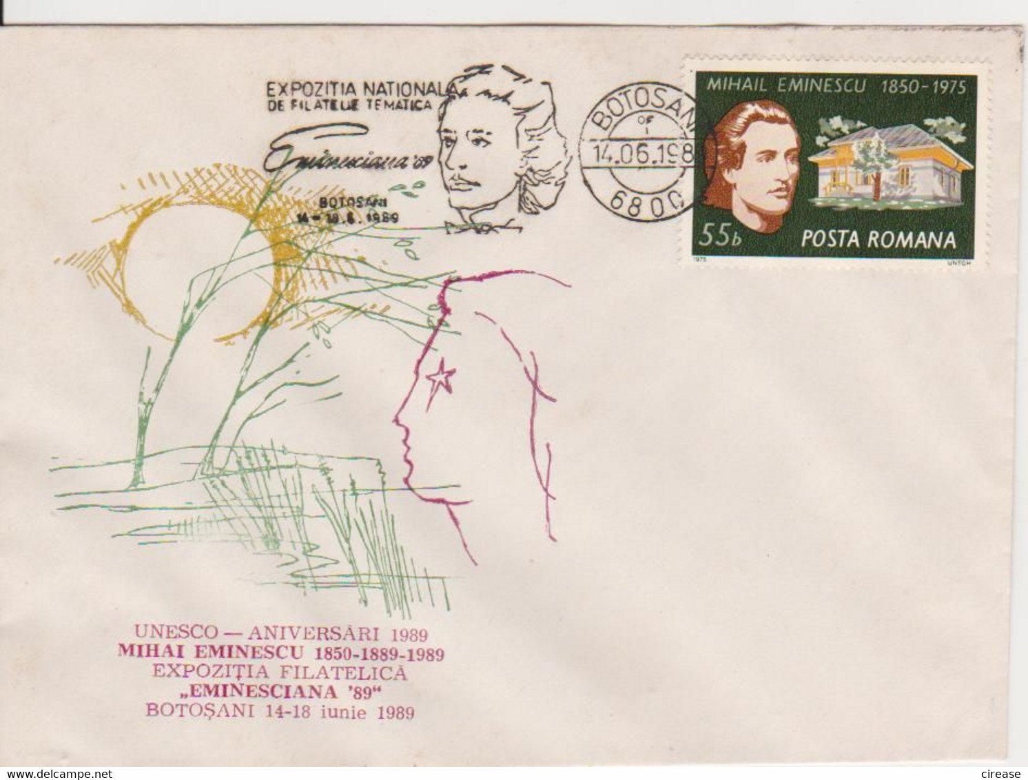 UNESCO ANNIVERSARY WRITER MIHAI EMINESCU ROMANIA SPECIAL COVER - Ecrivains