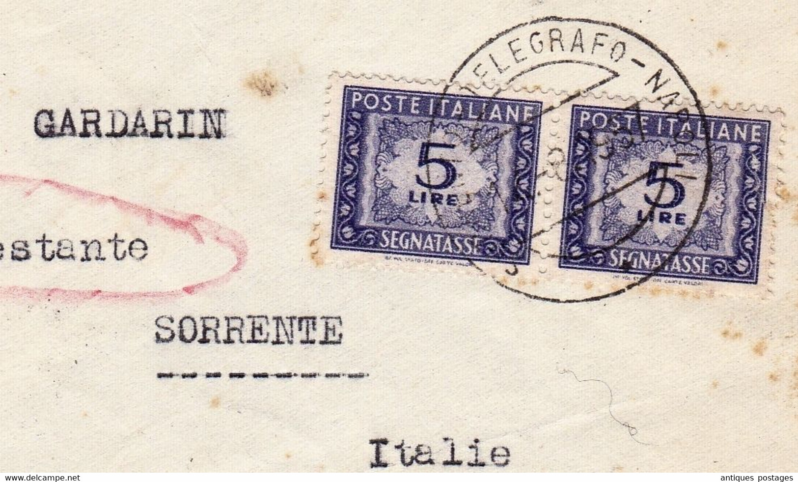 Lettre 1957 Alger Gare Algérie Poste Restante Sorrento Italie Poste Italiane Segnatasse Telegrapho Gardarin - Lettres & Documents