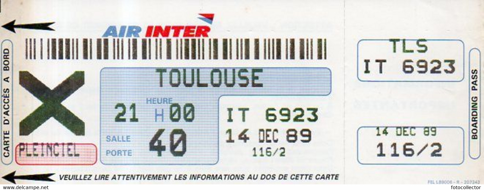 Carte D'embarquement Air Inter à Toulouse 14 Décembre 1989 - Carte D'imbarco