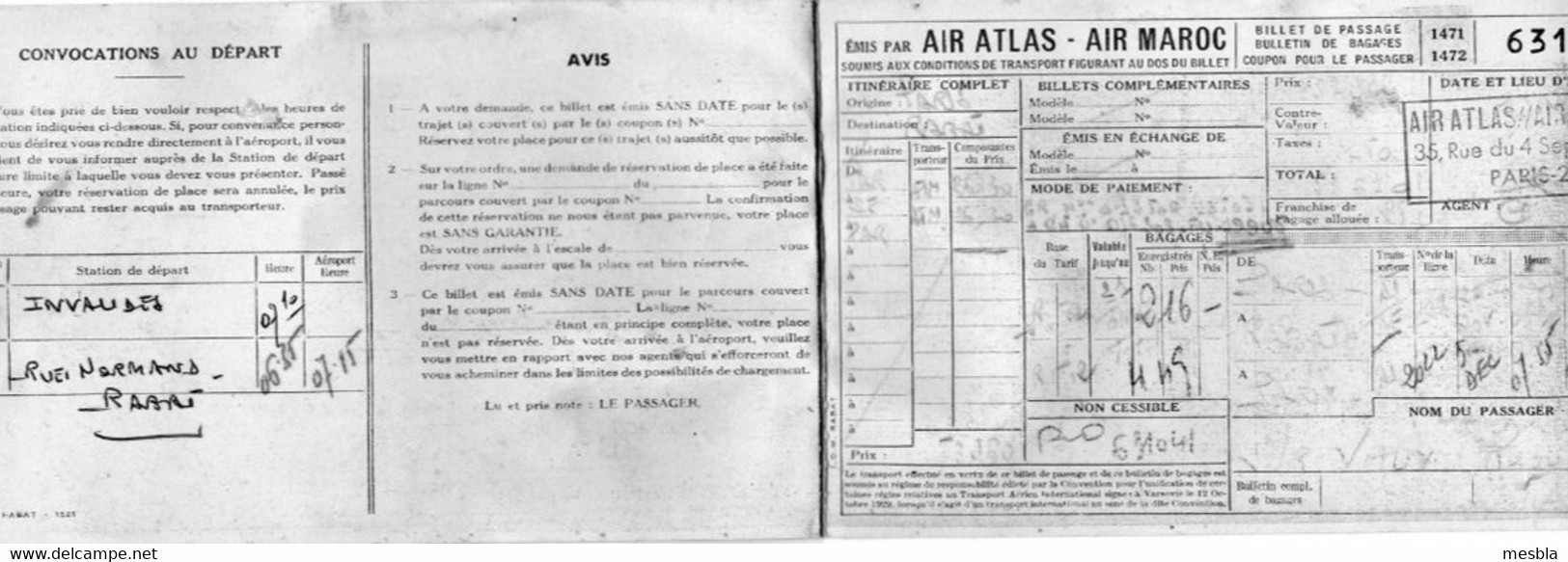 Billet D' Avion - Billet De Passage  émis Par AIR  ATLAS - AIR - MAROC - Compagnie Chérifienne De Transports Aériens . - Unclassified