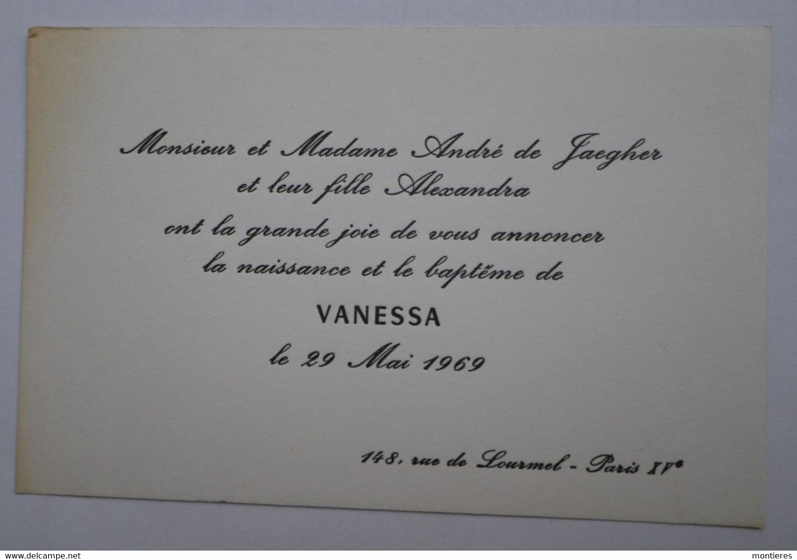 Carte André De JAEGHER 29 Mai 1969 - 148 Rue De LOURMEL Paris XVème 75015 - Naissance & Baptême