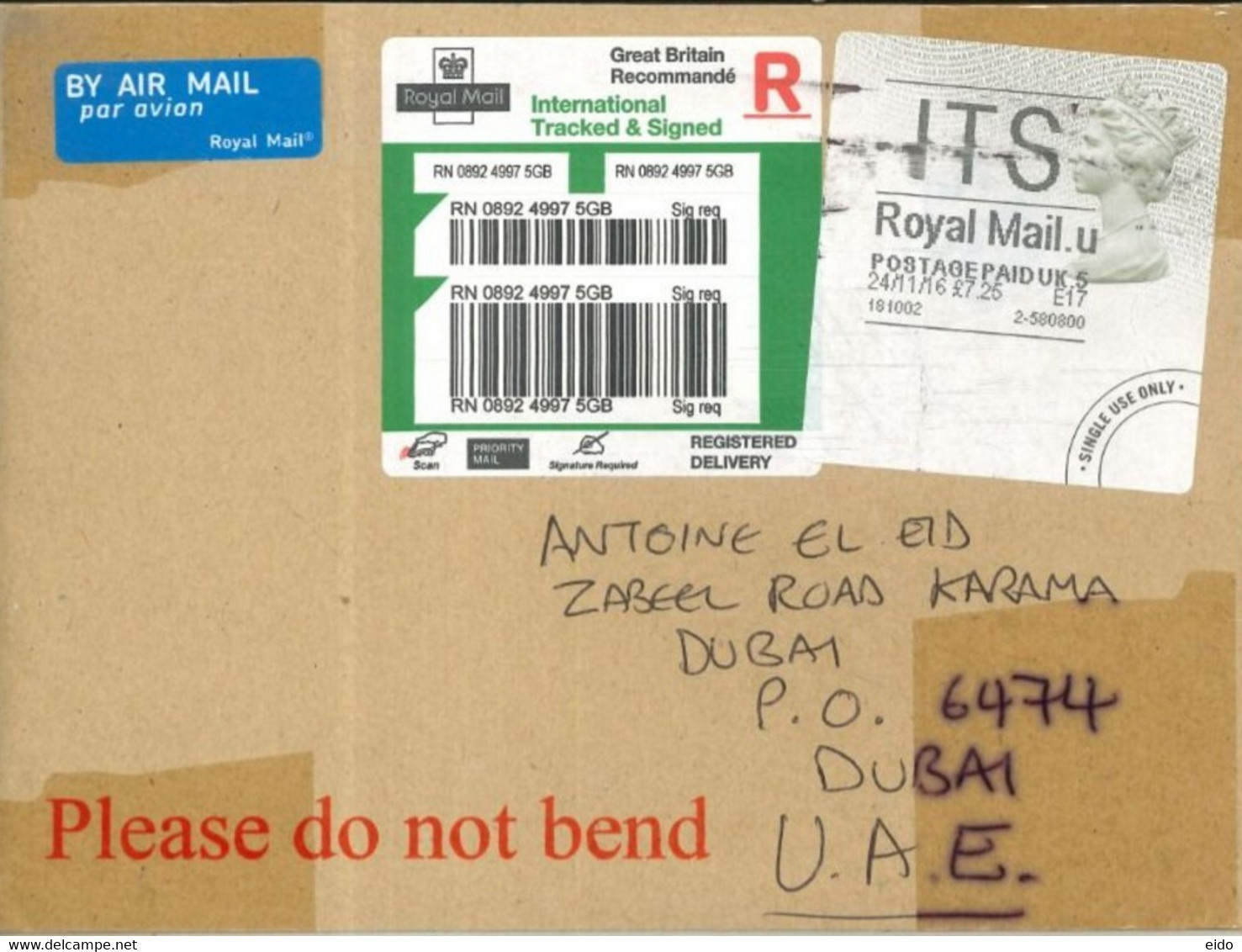 GREAT BRITAIN - 2016 - REGISTERED STAMP LABEL  COVER  TO DUBAI. - Universal Mail Stamps