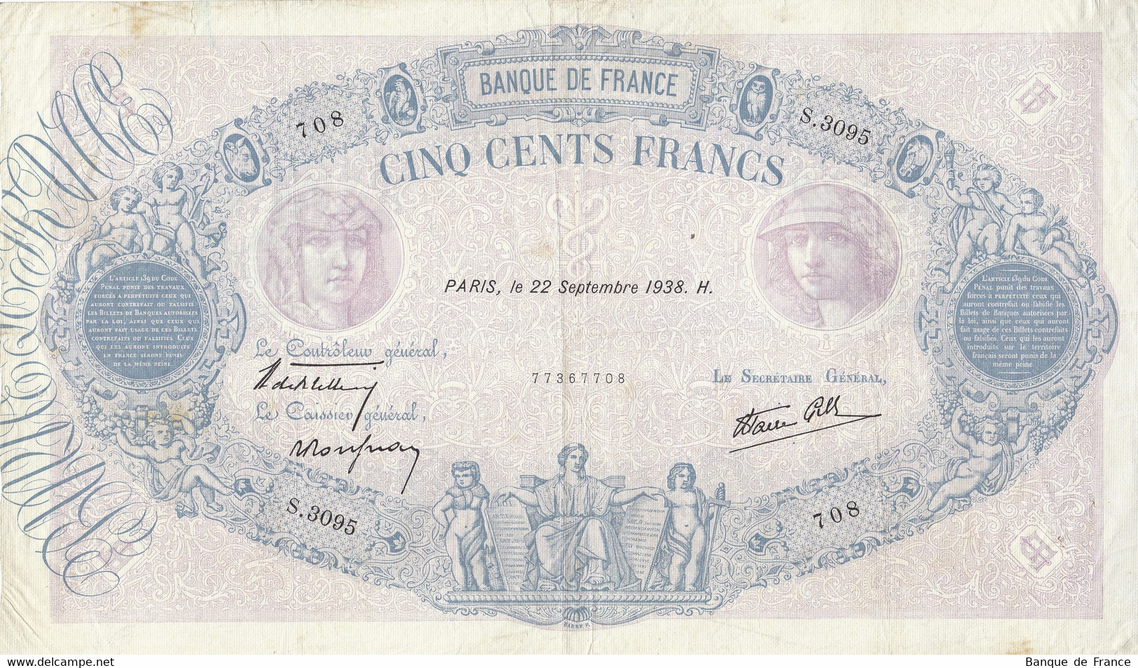 500 F Bleu Et Rose Du 22-9-1938 FAY 31.20 Alph. S.3095 - 500 F 1888-1940 ''Bleu Et Rose''