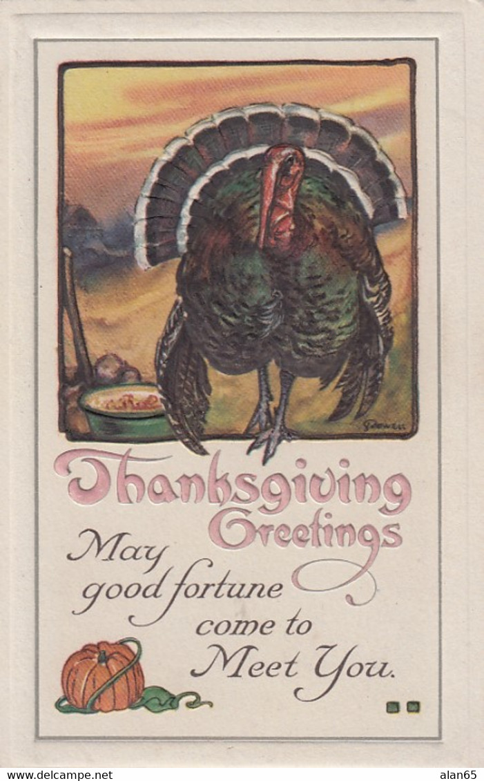 Thanksgiving Greetings, Powell Artist Signed Image, Turkey And Pumpkin C1900s Vintage Embossed Postcard - Thanksgiving