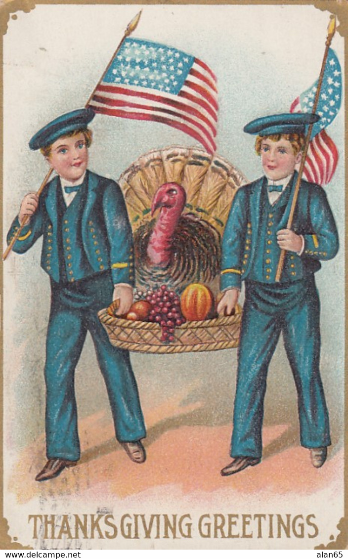Thanksgiving Greetings, Patriotic Theme, Fancy Dress Boys Carry Turkey In Basket C1900s Vintage Embossed Postcard - Giorno Del Ringraziamento