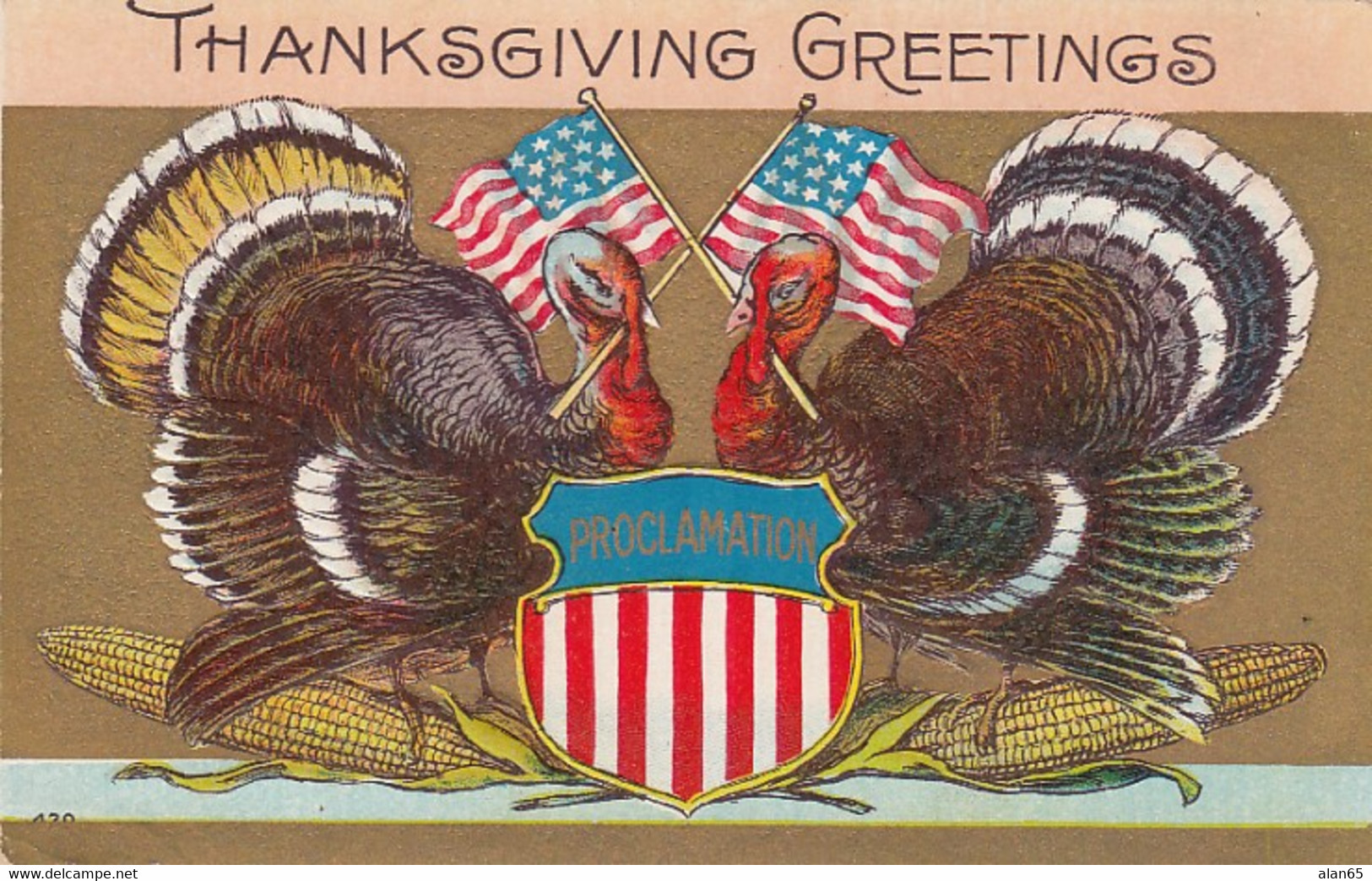 Thanksgiving Greetings, Patriotic Theme, US Flags, Turkeys C1900s Vintage Embossed Postcard - Thanksgiving
