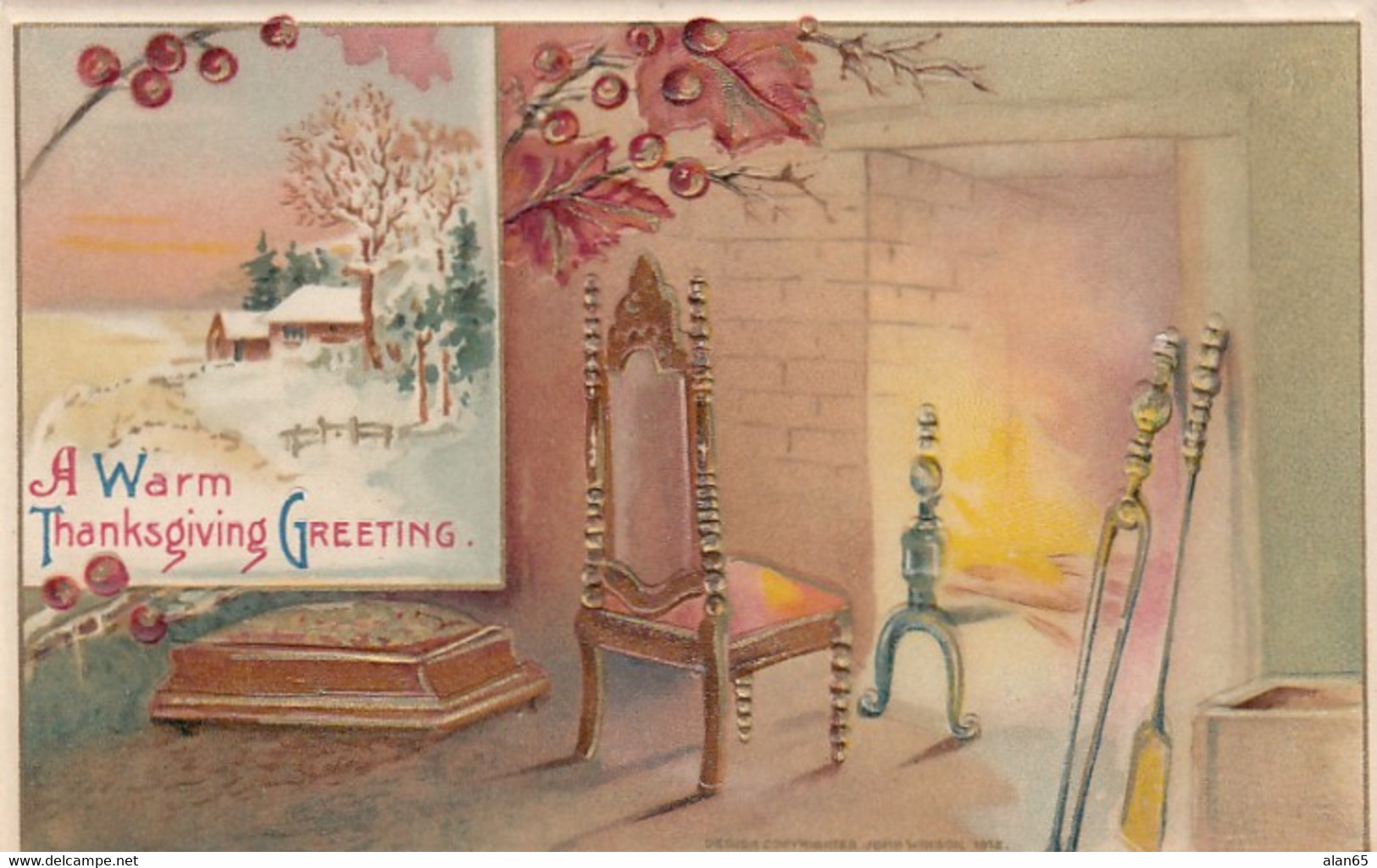 Thanksgiving Greetings, Home Hearth Theme C1900s/10s Vintage Embossed Postcard - Thanksgiving