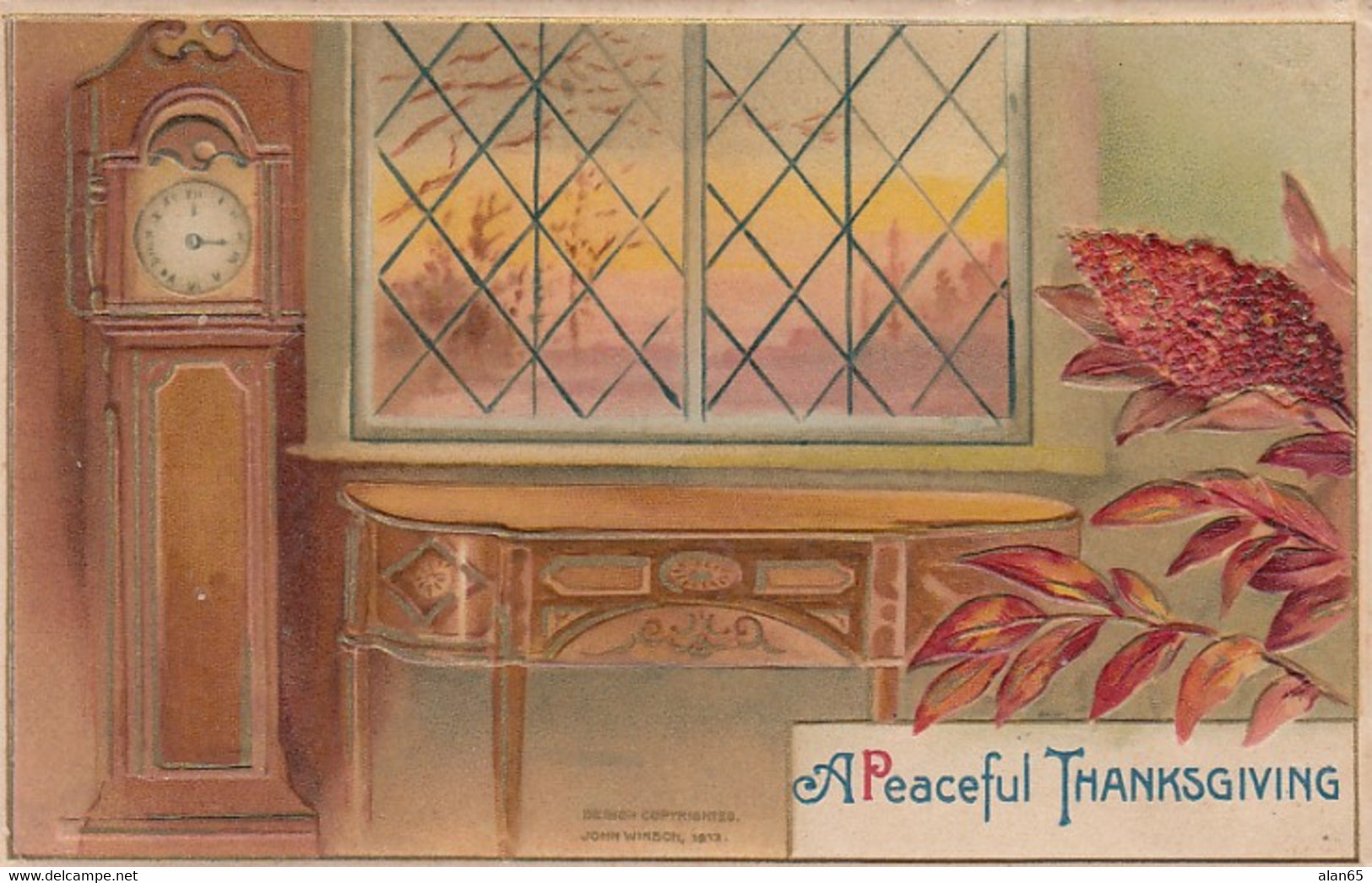 Thanksgiving Greetings, Grandfather Clock C1910s Vintage Embossed John Winsch Postcard - Thanksgiving