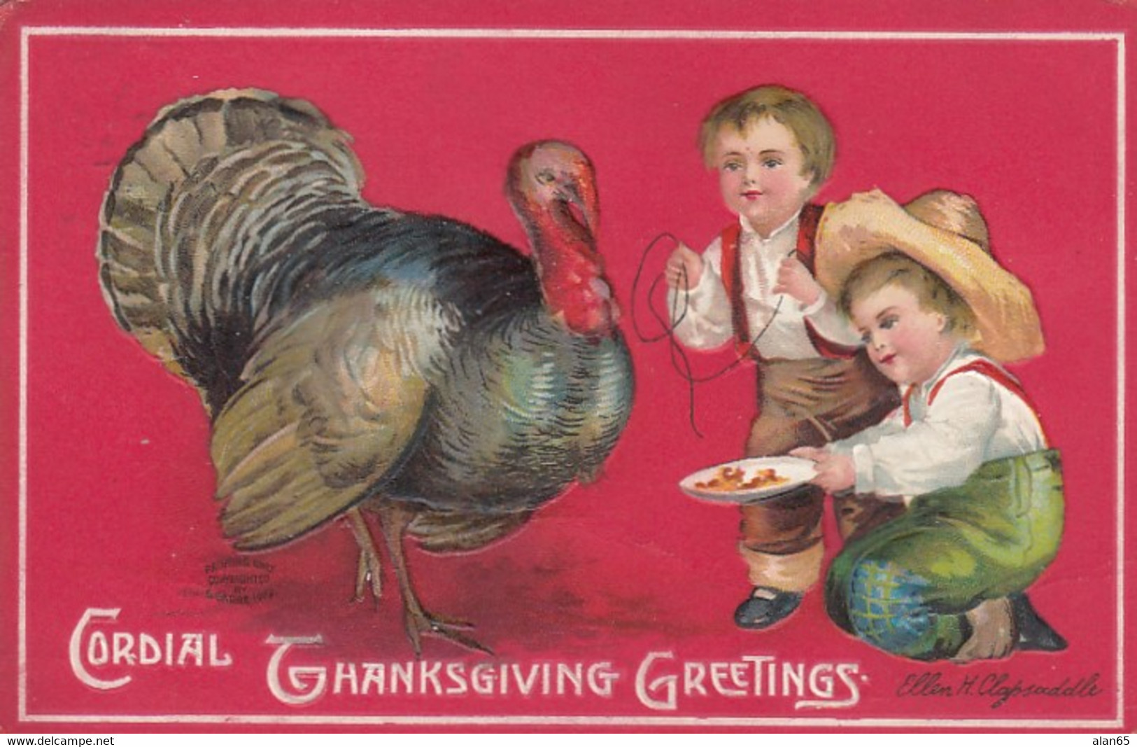 Thanksgiving Greetings, Clapsaddle Artist Signed, Children Feed Turkey, C1900s Vintage Postcard - Thanksgiving