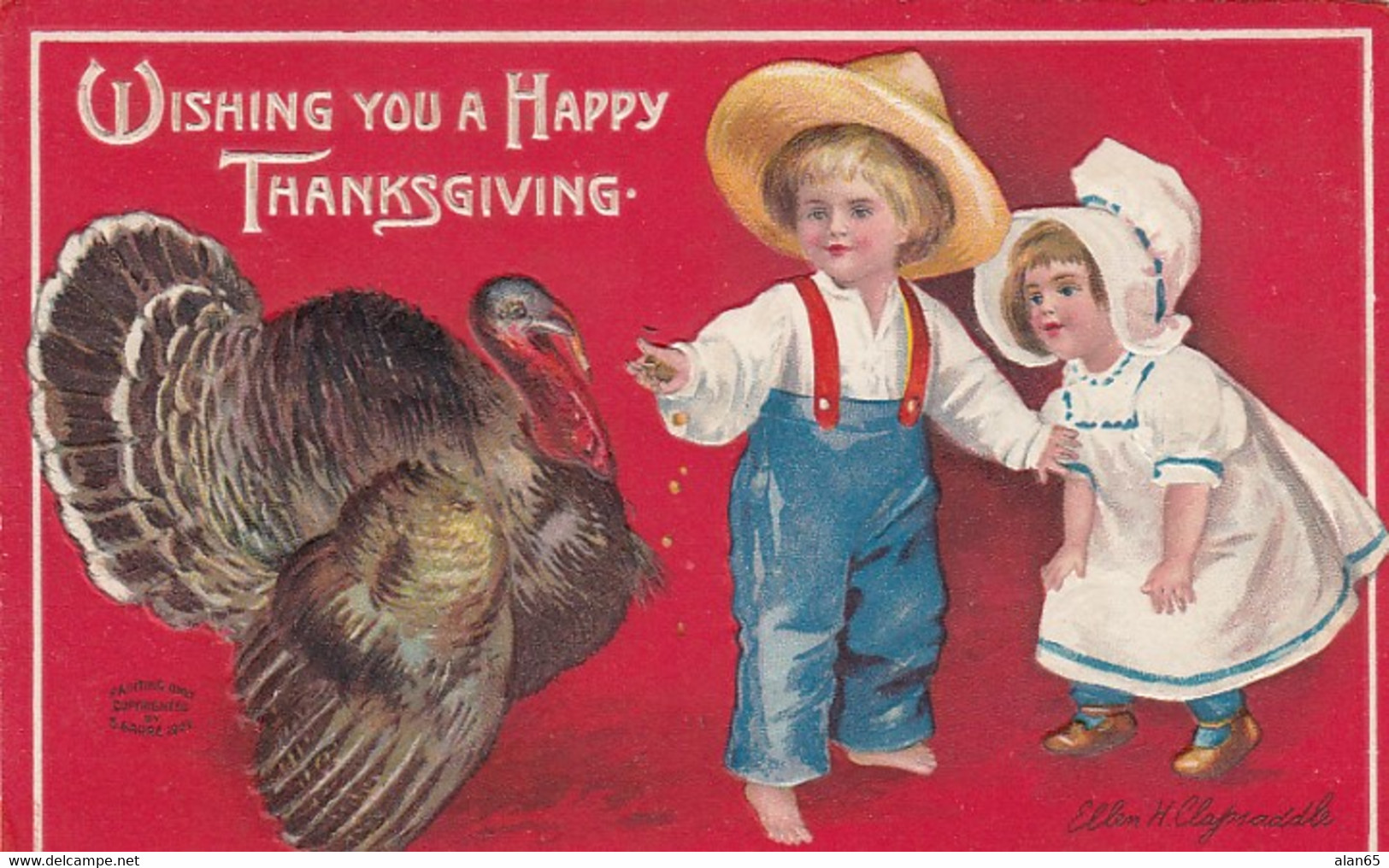 Thanksgiving Greetings, Clapsaddle Artist Signed, Children Feed Turkey, C1900s Vintage Postcard - Giorno Del Ringraziamento