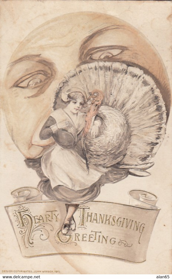 Thanksgiving Greetings, Woman Turkey Moon, Schmucker Gold Edge Series, C1910s Vintage Postcard - Thanksgiving