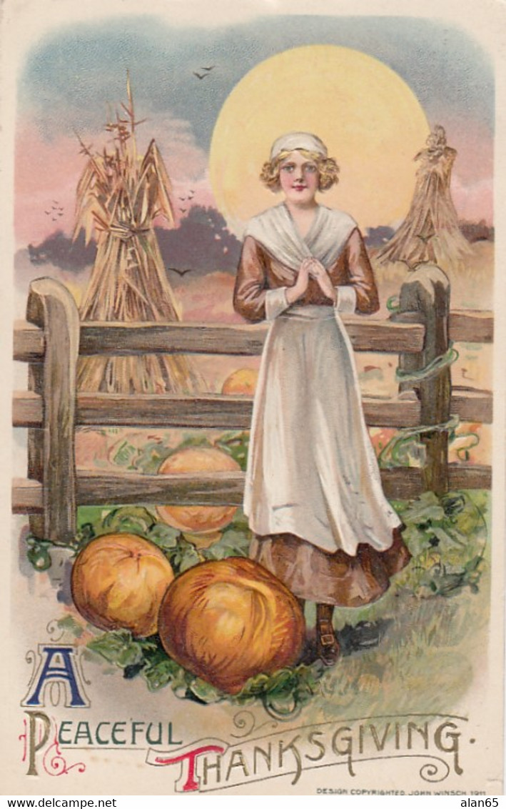 Thanksgiving Greetings, Woman In Harvest Field, Schmucker Image, C1910s Vintage Postcard - Giorno Del Ringraziamento