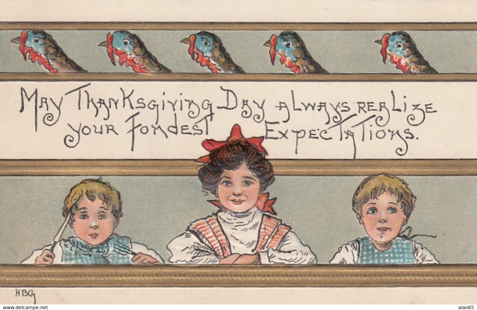 Thanksgiving Greetings, HB Griggs Artist Signed Children With Turkeys, C1900s/10s Vintage Embossed Postcard - Thanksgiving